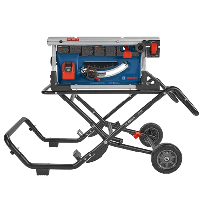 Bosch table saw with stand, wheels, and angle indicator.
