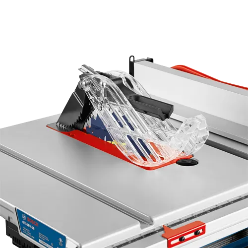 Bosch GTS18V-08 table saw with blade guard.