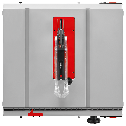 Table saw with gray and red accents; includes a clear plastic blade guard, and a ruler with black increments.