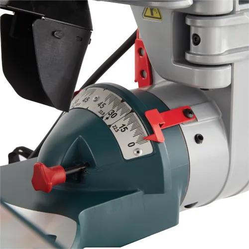 A close-up of a miter saw shows a degree scale from 0 to 45, with a red handle to adjust the angle.