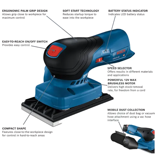 Bosch GSS12V-40 12V Max brushless motor sander with ergonomic palm grip design, easy-to-reach on/off switch, speed selector, and mobile dust collection.