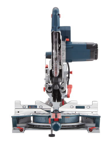 Bosch electric miter saw, with blade guard, red handles, and safety instructions.
