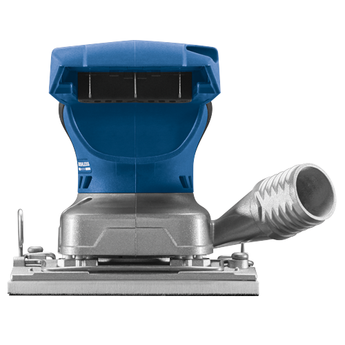 Bosch "BRUSHLESS MOTOR" sander, with a blue and gray design and a vacuum port.