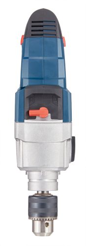 Bosch electric drill, blue and silver body, orange switch.