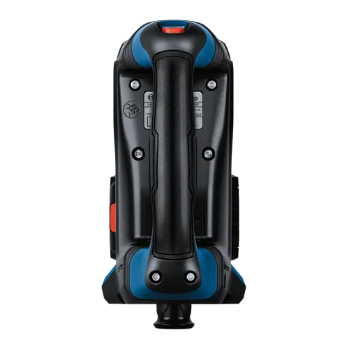 Black and blue power tool, with handle, and red button.