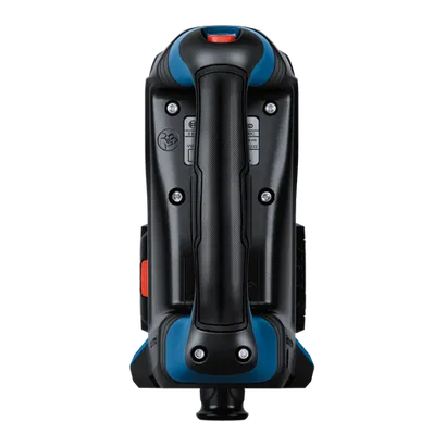 Black and blue power tool, with handle, and red button.