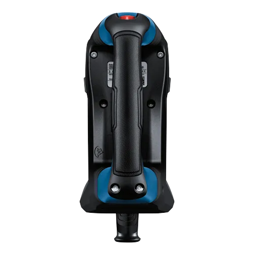 Black and blue device with a handle and red button on top.