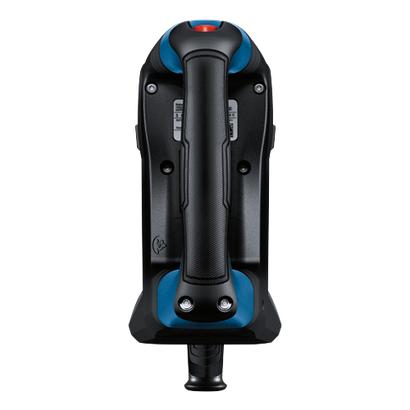 Black and blue device with a handle and red button on top.