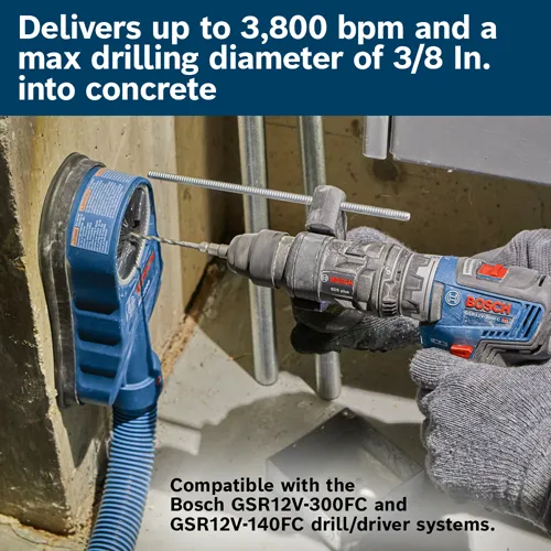 Bosch GSR12V-300FC drill, drilling into concrete, delivers up to 3,800 bpm and a max drilling diameter of 3/8 In., compatible with GSR12V-300FC and GSR12V-140FC drill/driver systems.