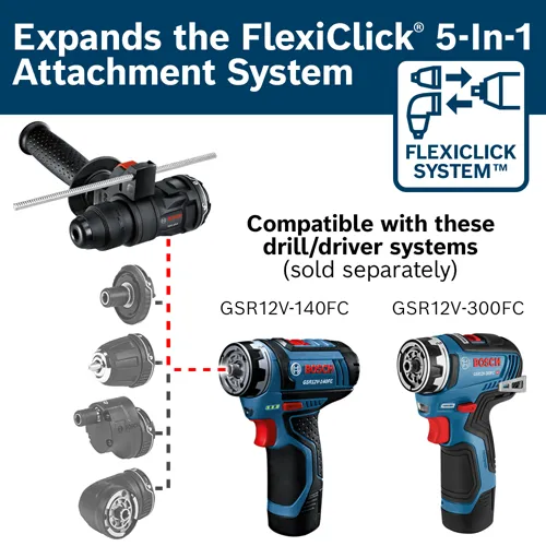 Expands the FlexiClick 5-in-1 Attachment System, with drill/driver systems GSR12V-140FC and GSR12V-300FC.