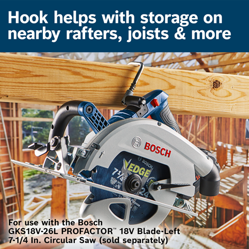 Bosch GKS18V-26L PROFACTOR 18V Blade-Left 7-1/4 In. Circular Saw hanging on a hook.