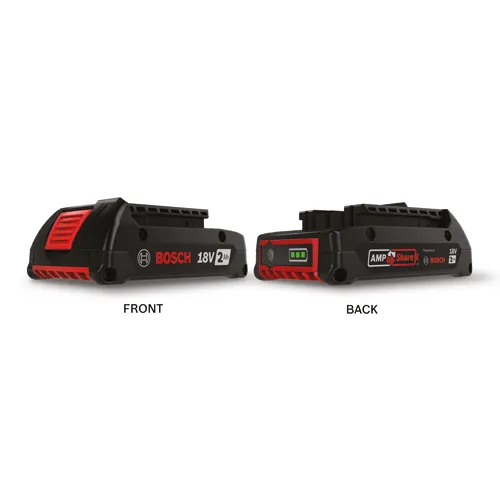 Bosch 18V 2Ah battery, front and back views, with 'FRONT' and 'BACK' labels.