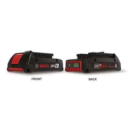 Bosch 18V 2Ah battery, front and back views, with 'FRONT' and 'BACK' labels.