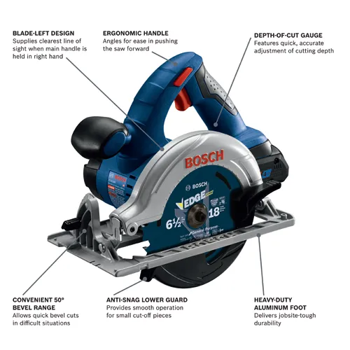 Bosch CCS180 6 1/2" circular saw, with Blade-Left Design, Ergonomic Handle, Depth-of-Cut Gauge, CONVENIENT 50° BEVEL RANGE, ANTI-SNAG LOWER GUARD, and HEAVY-DUTY ALUMINUM FOOT.