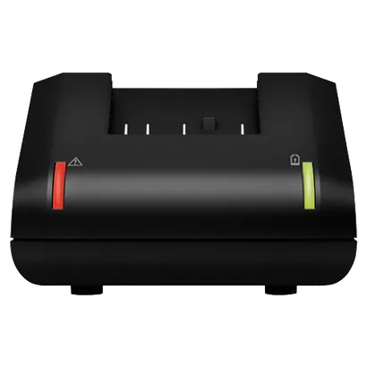 Black device with red and green lights and symbols.