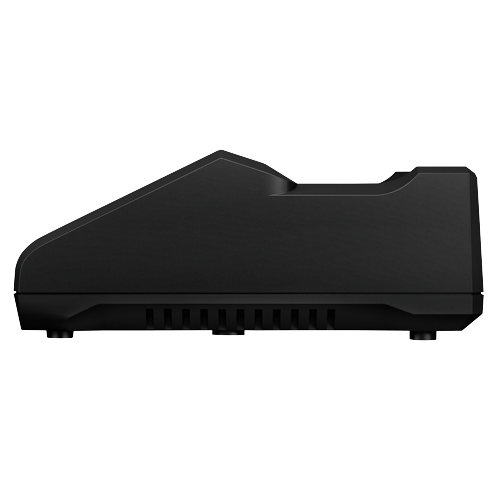 Black, rectangular object with a sloped top, a cut-out on the right side, and ventilation slots on the bottom.