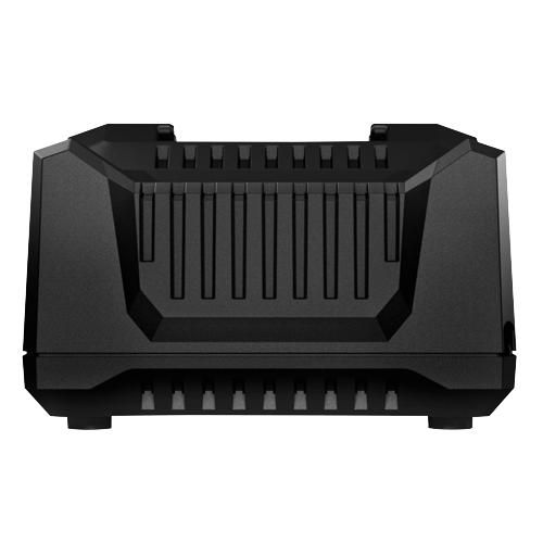 Black, angular object with vertical and horizontal ridges.