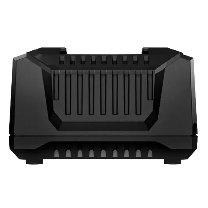 Black, angular object with vertical and horizontal ridges.