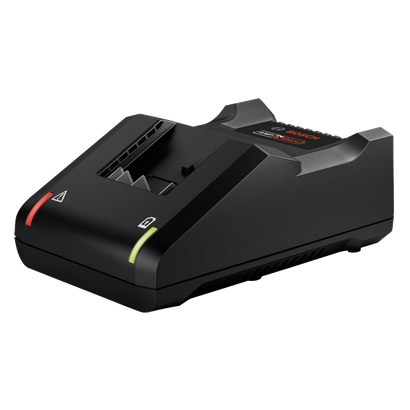 Bosch battery charger, with red and green indicator lights, and "BOSCH" logo.