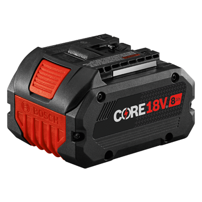 Bosch CORE18V 8Ah battery, with red and black accents. The Bosch logo is visible.