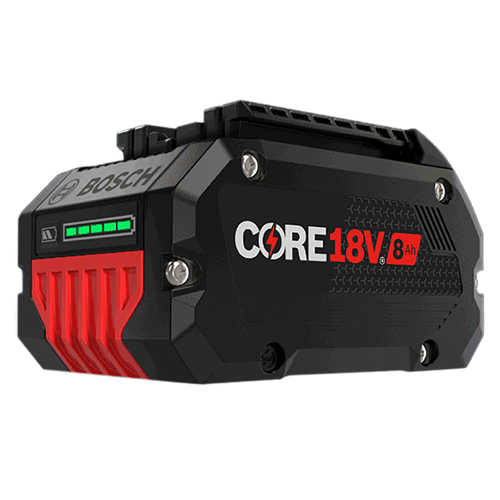 Bosch battery with "CORE 18V 8 Ah" text and power indicator.