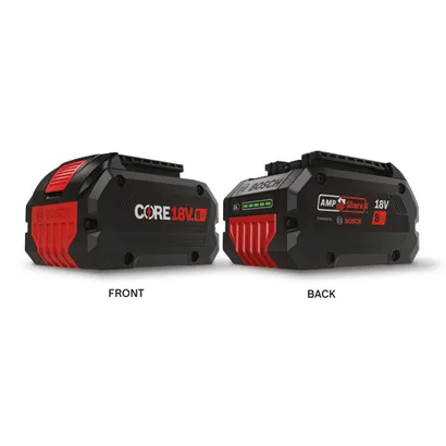 Bosch CORE 18V 8Ah battery, with "FRONT" and "BACK" labels.