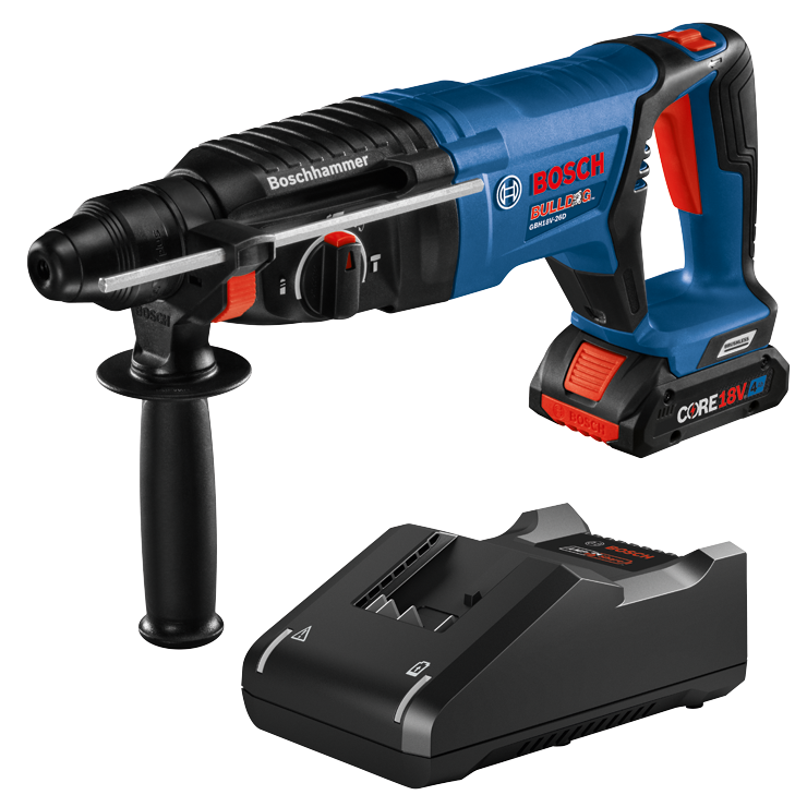 Bosch BULLDOG GBH18V-26D rotary hammer drill and charger.