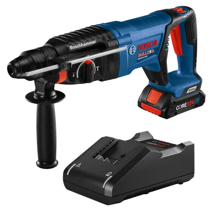 Bosch BULLDOG GBH18V-26D rotary hammer drill and charger.