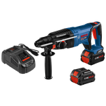 Bosch BULLDOG GBH18V-26D, two CORE 18V.0Ah batteries, and charger. "Boschhammer" and "AMP Share" text visible.