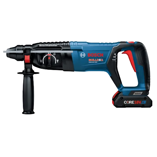 Bosch BULLDOG GBH18V-26D cordless hammer drill, with CORE18V 4 Ah battery.