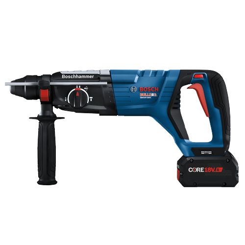 Bosch BULLDOG GBH18V-28DC hammer drill with CORE 18V 8Ah battery.