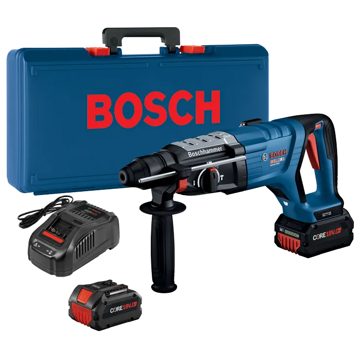 Bosch BULLDOG GBH18V-28DC rotary hammer, battery charger, and two CORE18V. 8Ah batteries in a blue case.