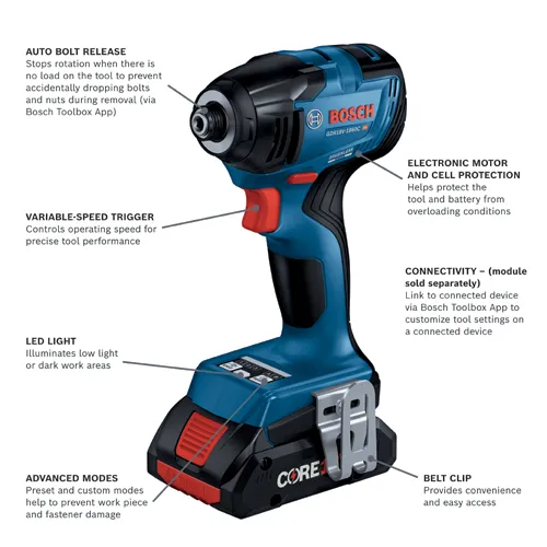 Bosch GDR18V-1860C HD, with AUTO BOLT RELEASE, VARIABLE-SPEED TRIGGER, LED LIGHT, ADVANCED MODES, ELECTRONIC MOTOR AND CELL PROTECTION, CONNECTIVITY, and BELT CLIP.