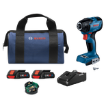 Bosch GDR18V-1860C HD brushless motor impact driver, CORE18V 4Ah batteries, charger, and a blue carry bag with "BOSCH" printed on it.