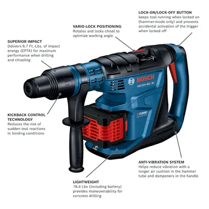 Bosch GBH18V-40C HD hammer drill with "SUPERIOR IMPACT", "VARIO-LOCK POSITIONING", "LOCK-ON/LOCK-OFF BUTTON", "KICKBACK CONTROL TECHNOLOGY", "LIGHTWEIGHT" 18.4 Lbs, "ANTI-VIBRATION SYSTEM".