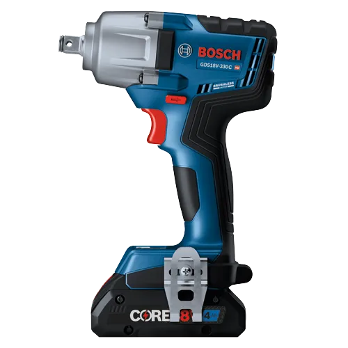 Bosch GDS18V-330C HD, brushless motor, cordless impact wrench, with Core 8V 4Ah battery.