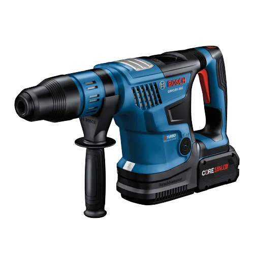 Bosch GBH18V-36C cordless rotary hammer, with CORE18V 8 Ah battery. Includes "BITURBO BRUSHLESS" and "Boschhammer" labels.