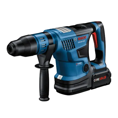 Bosch GBH18V-36C cordless rotary hammer, with CORE18V 8 Ah battery. Includes "BITURBO BRUSHLESS" and "Boschhammer" labels.