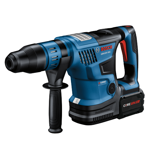 Bosch GBH18V-36C cordless rotary hammer, Turbo Brushless, with CORE18V 12Ah battery.