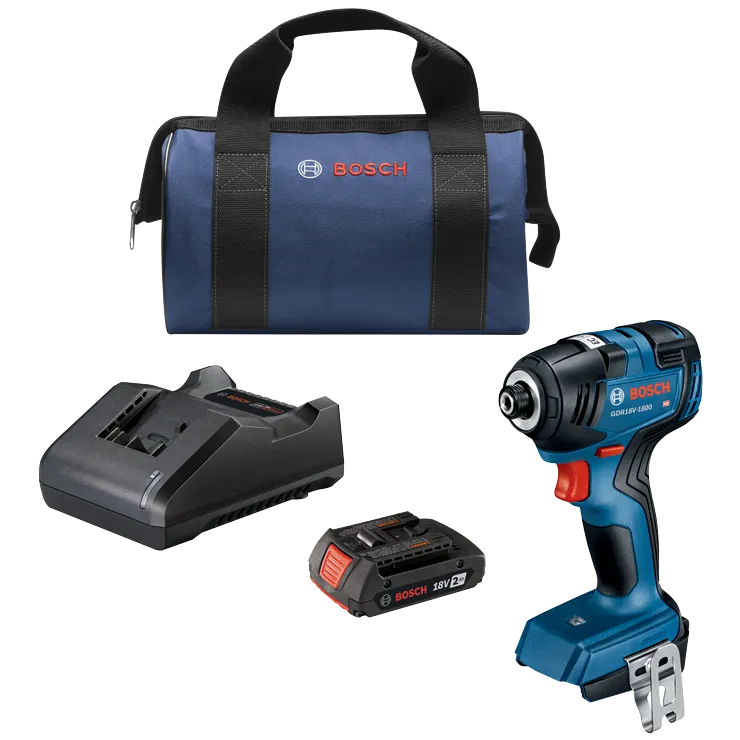 Bosch GDR18V-1800 HD impact driver, charger, 18V 2Ah battery, and a carrying case.