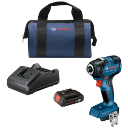 Bosch GDR18V-1800 HD impact driver, charger, 18V 2Ah battery, and a carrying case.