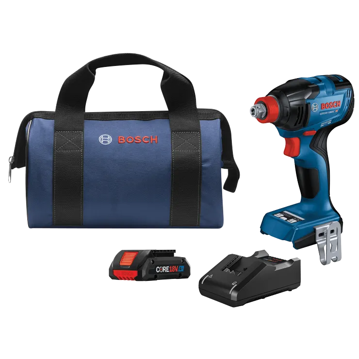 Bosch GDX18V-1860C HD brushless motor impact driver, CORE18V.4Ah battery, charger, and a blue bag.