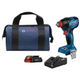 Bosch GDX18V-1860C HD brushless motor impact driver, CORE18V.4Ah battery, charger, and a blue bag.