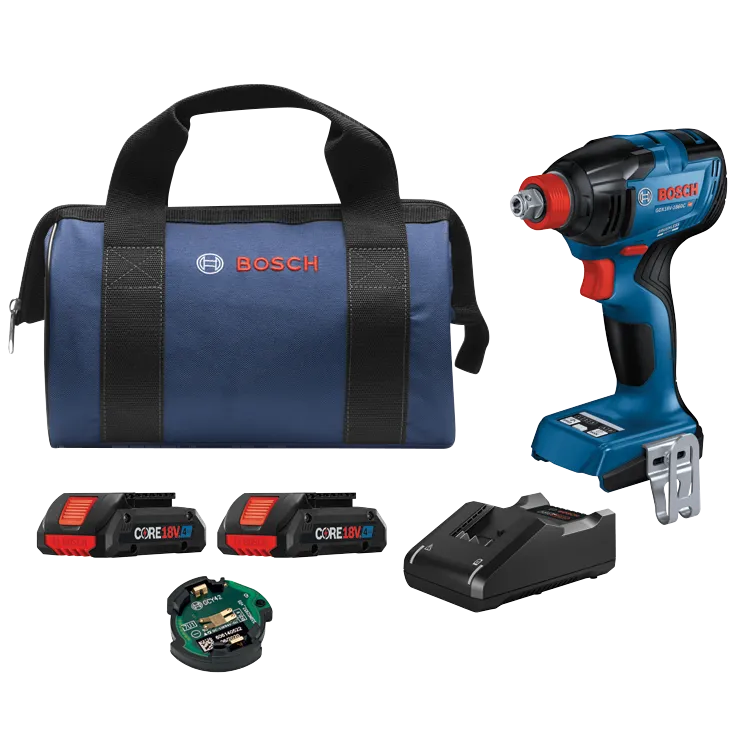 Bosch GDX18V-1860C HD brushless motor impact driver, CORE18V.4Ah batteries, charger, and a blue bag with "BOSCH" logo.