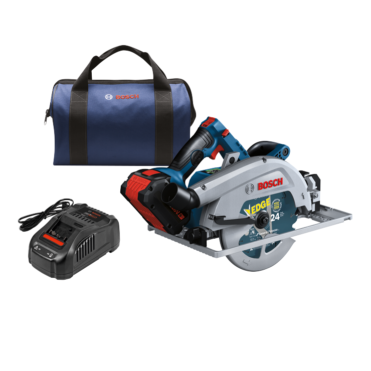 Bosch cordless circular saw, charger, and bag. The saw has "EDGE" and "24 Teeth" printed on it, and the charger is marked "AMP Share FAST". The bag has the "Bosch" logo.