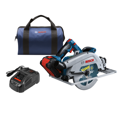 Bosch cordless circular saw, charger, and bag. The saw has "EDGE" and "24 Teeth" printed on it, and the charger is marked "AMP Share FAST". The bag has the "Bosch" logo.