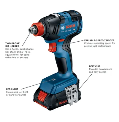 Bosch GDX18V-1800 HD two-in-one bit holder has a 1/4 In. quick-change hex shank and a 1/2 In. square drive, variable-speed trigger, LED light, and belt clip.