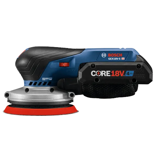 Bosch GEX18V-5 HD random orbit sander, CORE18V 4Ah battery.
