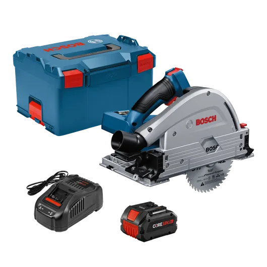 Bosch cordless track saw kit with tracksaw, battery, charger and hard case.