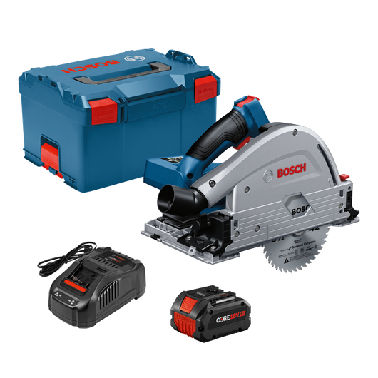 Bosch cordless track saw kit with tracksaw, battery, charger and hard case.